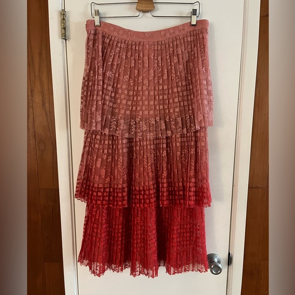 Anthropologie Maeve Brighton Coral Pink Ombré Tiered Lace Midi Skirt - Picture 2 of 9